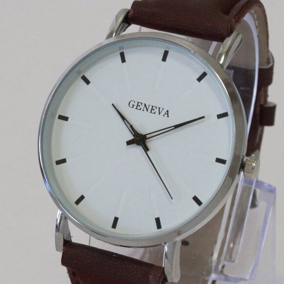 Men's Minimalist Fashion Watch Silver Case White Dial Brown Strap 40mm - Picture 10 of 14